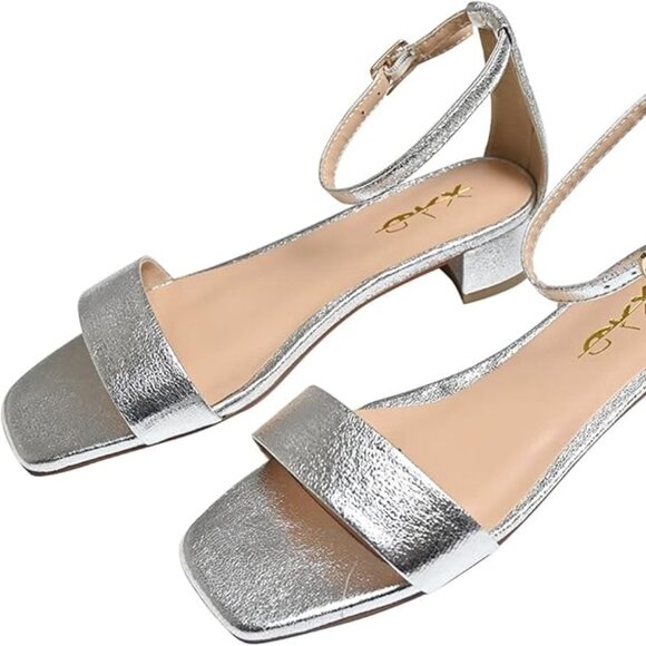 Size 13 XYD open toe low heel chunky block sandals buckled ankle silver - Picture 3 of 16